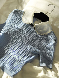 浪漫修身 法式 短款 蓝色上衣减龄娃娃领长袖 CAN秋季 针织衫 新款