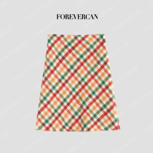 Forevercan女装2026新款明斯特立裁高比例羊毛呢修身格纹半身裙
