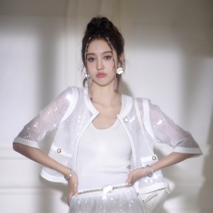 Forevercan高奢亮片小香风名媛套装女夏薄款白色短外套裤子两件套