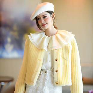 CAN 皮草外套女 美利奴皮毛一体蛋黄色短款