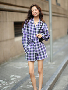 格纹短裤 CAN夏季 女 手工钉钻设计感小众格子衬衫 两件套 新款