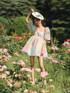 彩虹连衣裙蓬蓬仙女公主裙 小众设计感方领泡泡袖 CAN夏季 新款