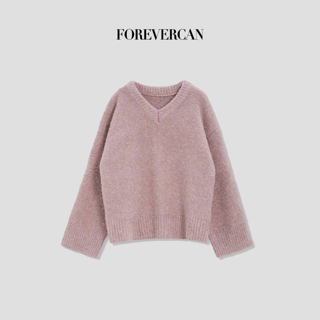 Forevercan女装2024秋冬新款“粉雾海”极简慵懒风V领针织衫毛衣,女装/女士精品,毛衣,淘宝优惠券,粉丝福利购,淘宝优惠卷