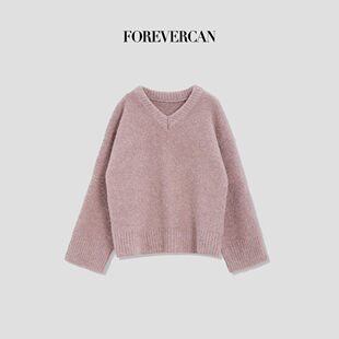 Forevercan女装2024秋冬新款“粉雾海”极简慵懒风V领针织衫毛衣
