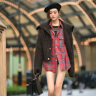 CAN 复古披肩外套 进口羊毛粗线针织毛衣加厚短款