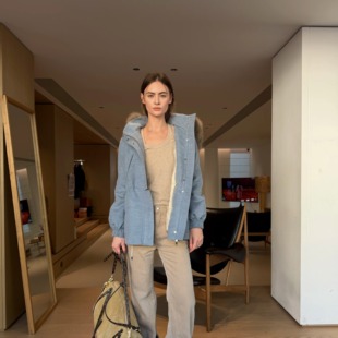 Forevercan女装2026新款冬日蓝调狐狸毛领天丝羊毛呢连帽收腰外套