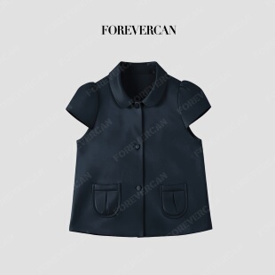 Forevercan女装“黑钱袋”醋酸单排扣口袋短袖小开衫