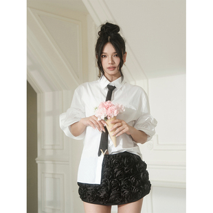 Forevercan女装2024夏季新款白塔玫瑰设计感气质名媛短袖衬衫上衣