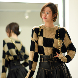 CAN 慵懒风含马海羊毛套头毛衣复古棋盘格针织上衣