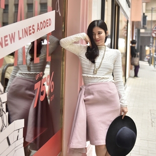 can春季 粉色拼接不规则半身裙优雅淑女铅笔裙中长裙子女百搭 新品