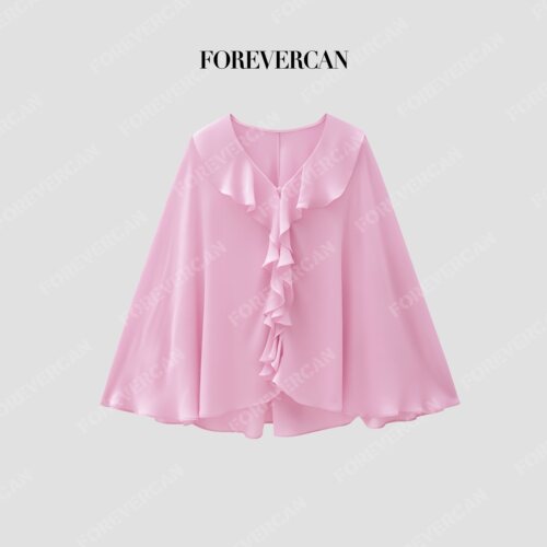 Forevercan女装“蜜桃晚风”100人丝蜜桃粉垂坠荷叶边宽松上衣