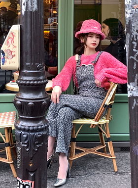 CAN秋冬新款 法式粗呢连体阔腿裤女毛呢直筒背带裤长裤显瘦