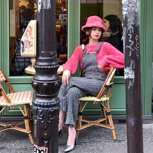 长裤 CAN秋冬新款 女毛呢直筒背带裤 粗呢连体阔腿裤 显瘦 法式