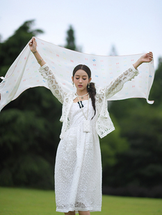 2022CAN彩蛋 白色蕾丝镂空连衣裙+长袖防晒开衫外套两件套装