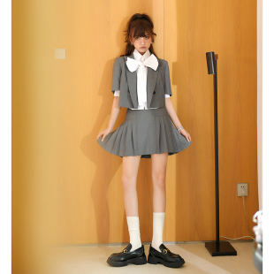 套装 CAN夏季 气质小西装 时尚 女配高腰A字显瘦百褶裙两件套 新款