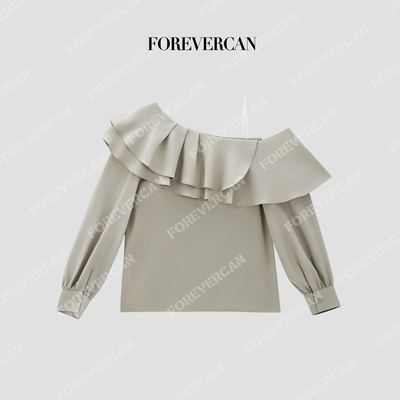 Forevercan女装“浅雾云纱”法式双层荷叶斜肩领长袖衬衫