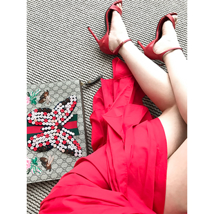 红色高腰包臀裙不规则荷叶边半身裙女显瘦 时尚 CAN夏季 新款