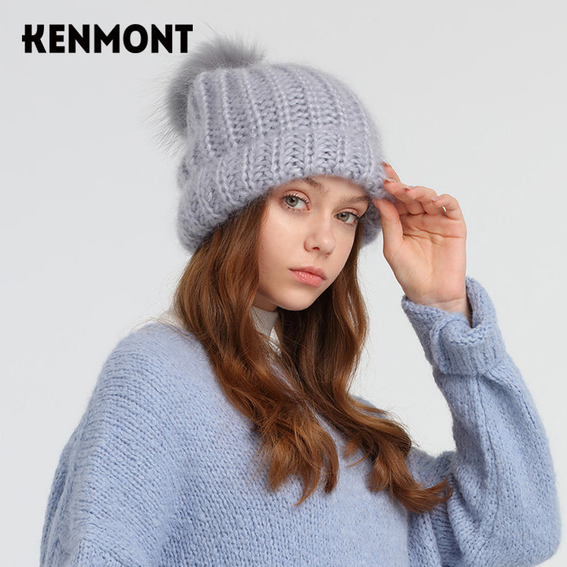 kenmont卡蒙品牌帽子手工针织帽女秋冬薄款毛线帽适合圆脸毛球帽