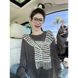 网纱透气灰色长袖T恤女夏季显瘦设计感韩版时尚印花宽松防晒上衣