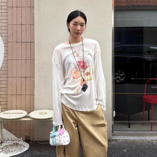 白色防晒罩衫 tee复古慵懒宽松休闲上衣 t恤女夏季 水果印花微透长袖
