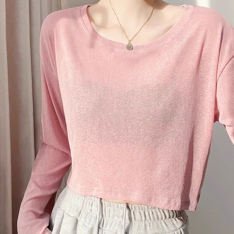 短款宽松t恤女长袖夏季透视防晒衣女外搭罩衫薄款冰丝空调上衣潮