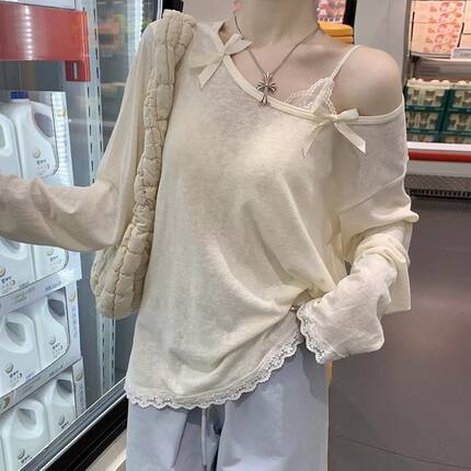 蕾丝花边蝴蝶结长袖防晒T恤女夏季薄款宽松百搭微透罩衫外搭上衣