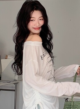 印花薄款宽松微透防晒罩衫斜肩长袖T恤女夏轻薄miu系抽绳上衣白色