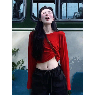 薄款 防晒小上衣夏季 红色t恤 韩系慵懒松弛感独特漂亮短款 流行风格