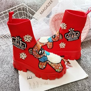 街拍潮鞋 欧洲站重工厚底高帮休闲鞋 女2022新款 潮牌弹力针织袜子鞋