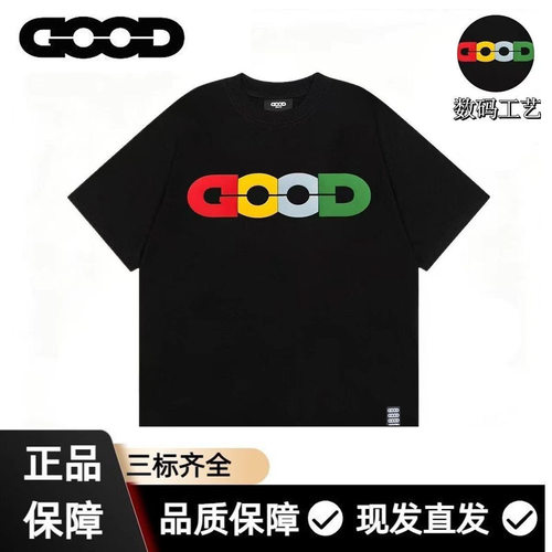 GOOD夏季新款彩色字母印花重磅纯棉短袖宽松T恤男女情侣潮流百搭