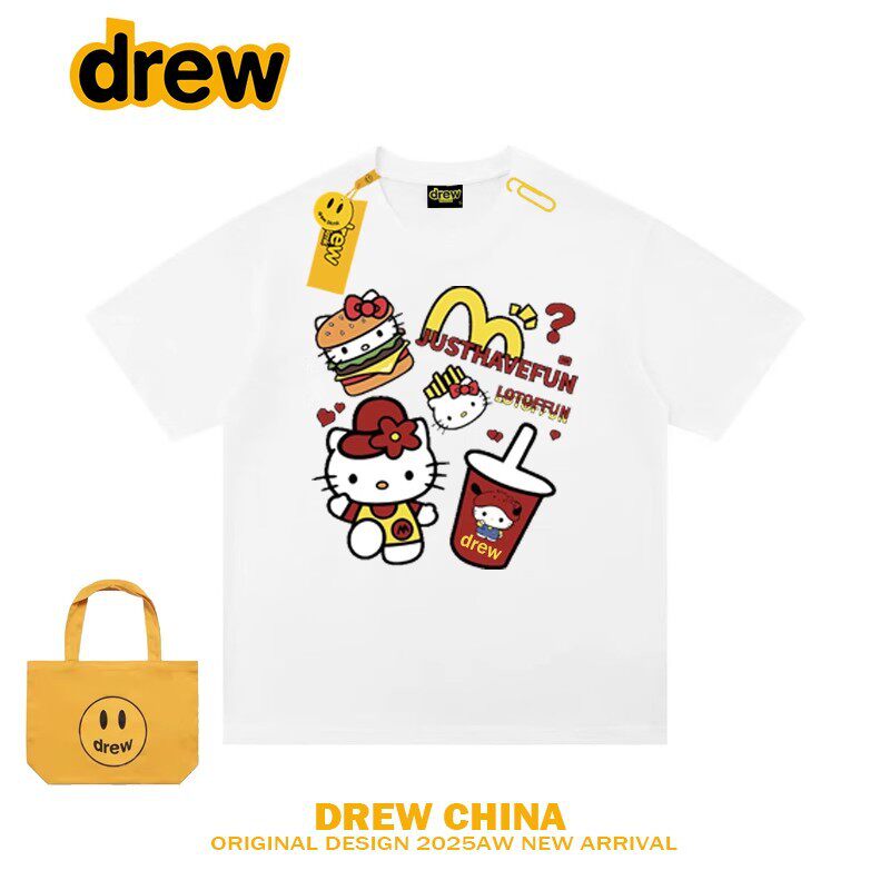 Drew哈喽Kitty猫短袖T恤女夏季新款tee宽松休闲情侣纯棉卡通半袖