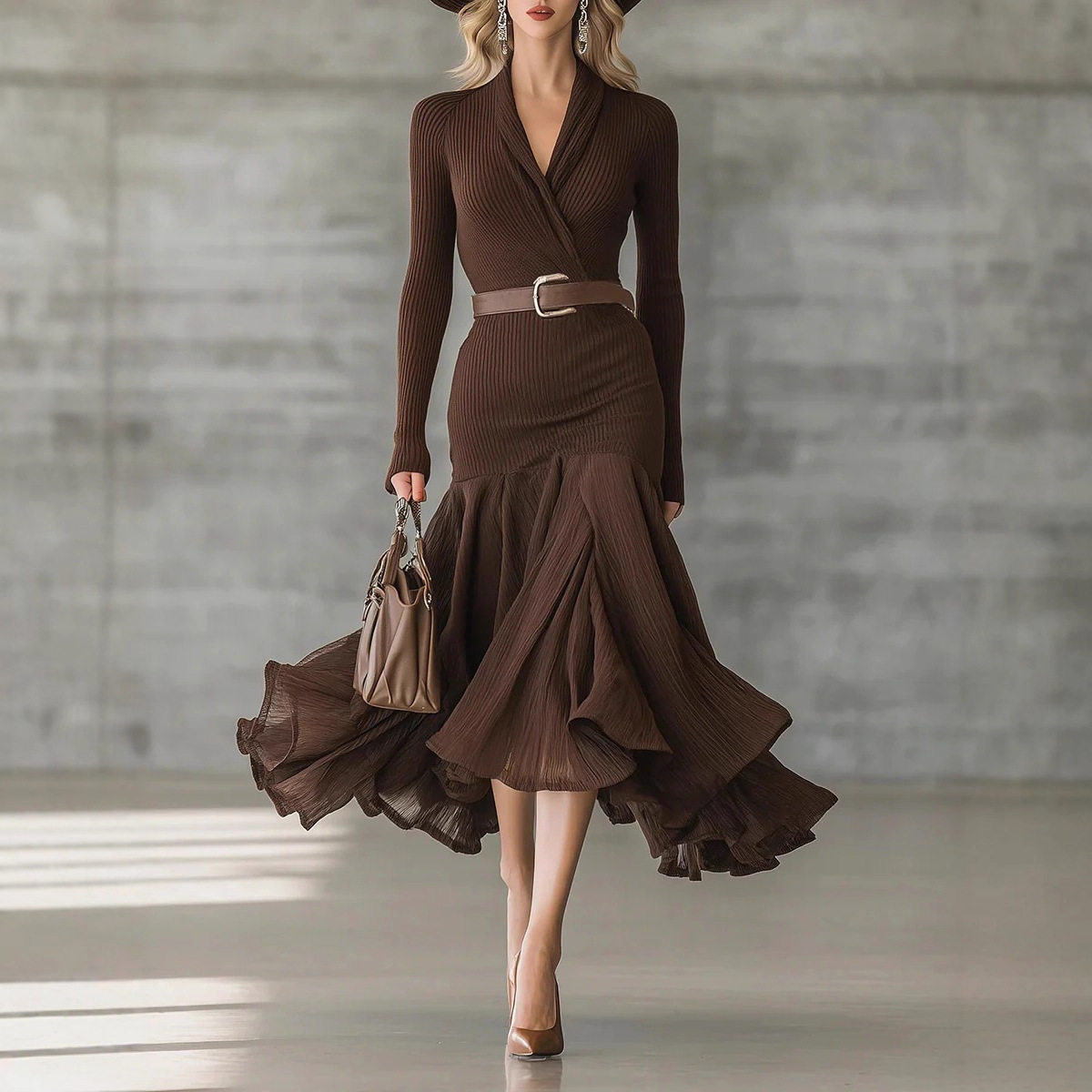 纯色拼接V领长袖大摆裙韩版修身连衣裙女Sleeve Dress Women Chic