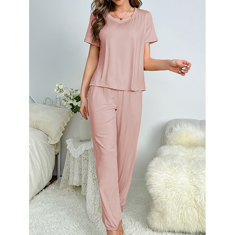 女春夏纯色短袖长裤睡袍 Women solid short sleeve pants robe