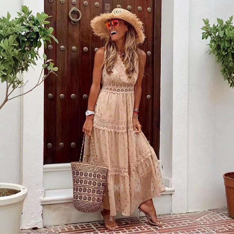 季度假风高腰长款连衣裙女Vacation High Waist Maxi Dress Women
