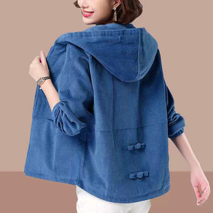 宴会连帽女式短外套 Blue Hooded Design Loose Fit Short Coat