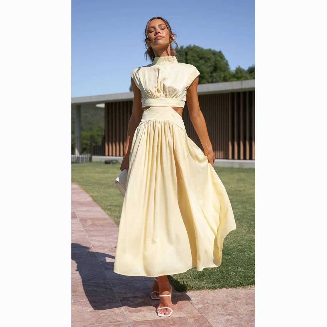 甜美时尚街头夏款立领露腰长款连衣裙stylish elegant maxi dress