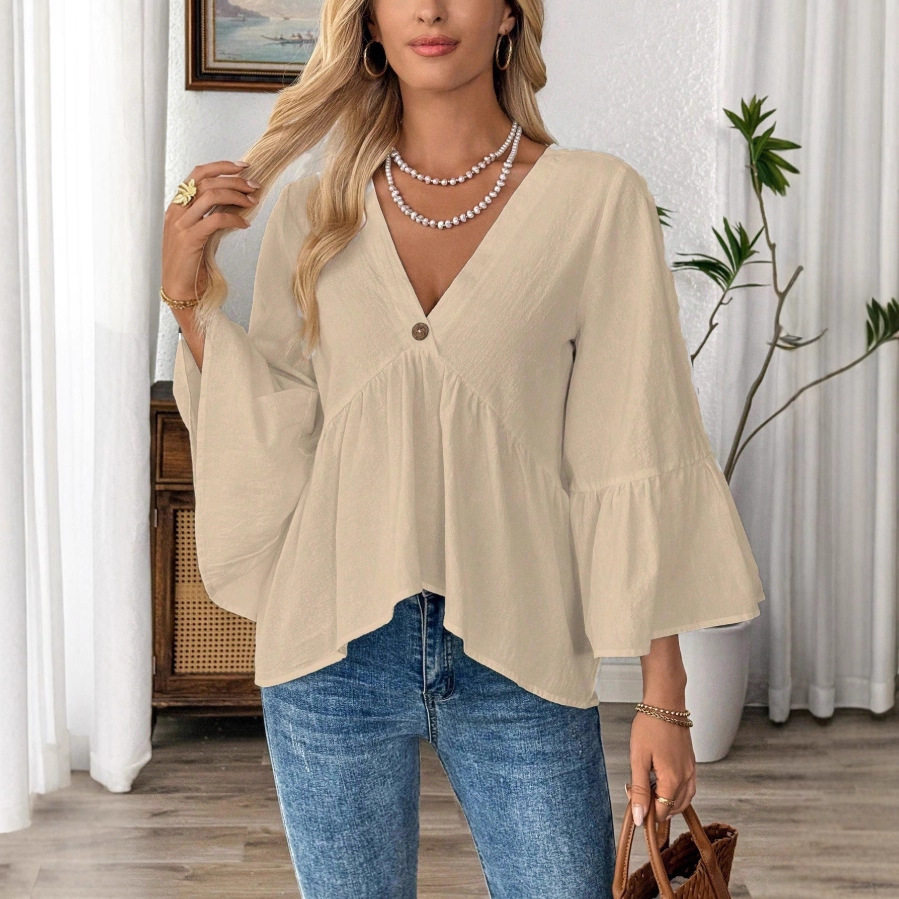 温柔风V领荷叶边衬衫女早秋百搭喇叭袖收腰雪纺衫宽松 blouse top