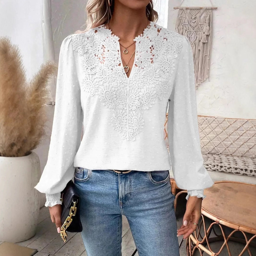 春季女式蕾丝长袖上衣修身休闲百搭通勤V领休闲风衬衫 Blouse Top