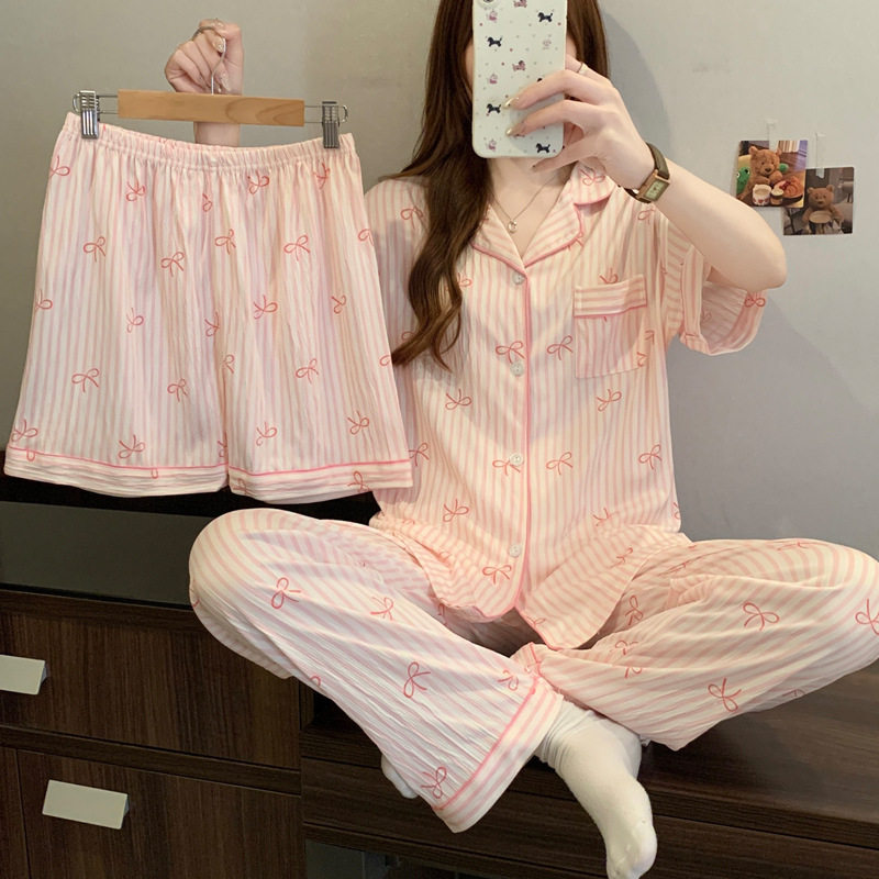 女短袖条纹三件套睡袍 Women Short Sleeve Stripe 3pc Sleepwear