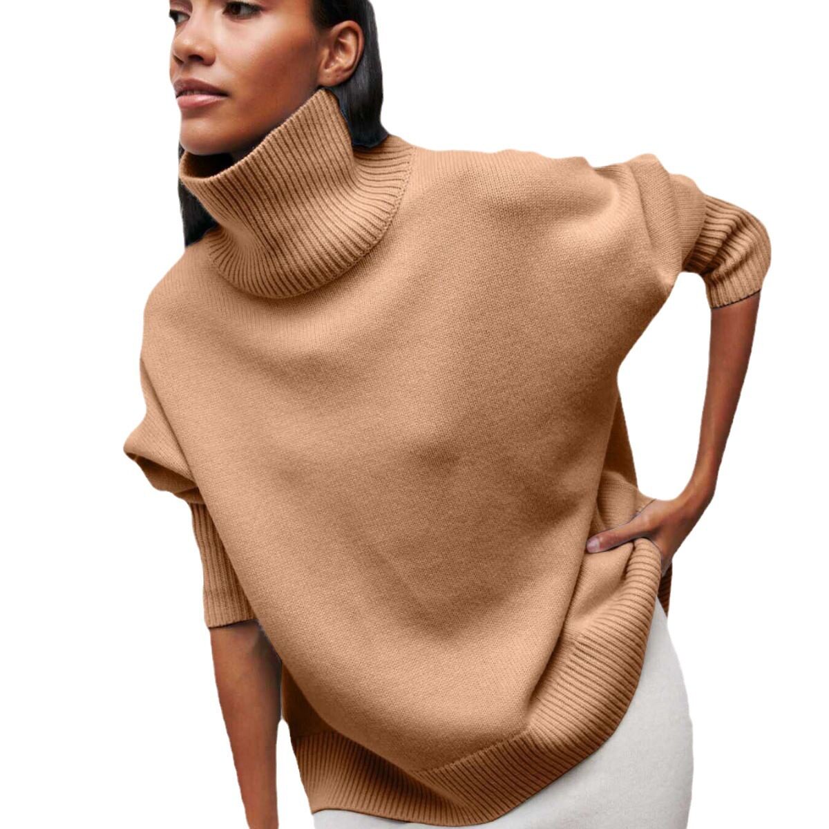 宽松女士高领长袖毛衣 Women Loose Orange Sleeve Solid Sweater