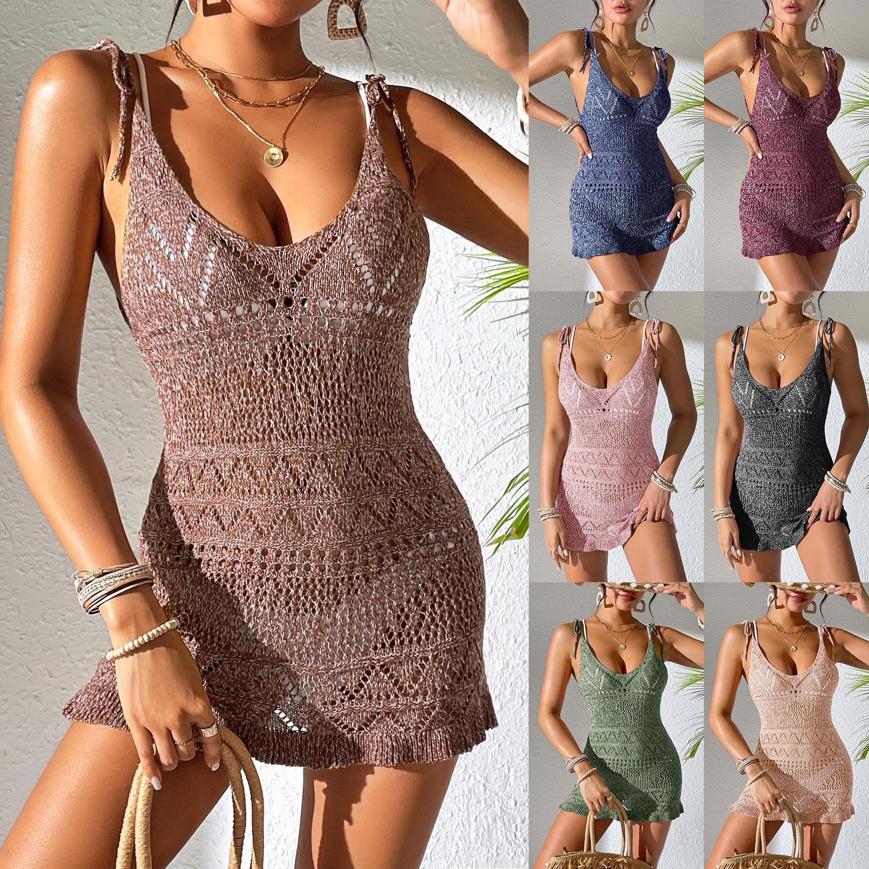 沙滩外搭镂空收腰吊带裙plus size mesh halter beach dress lady