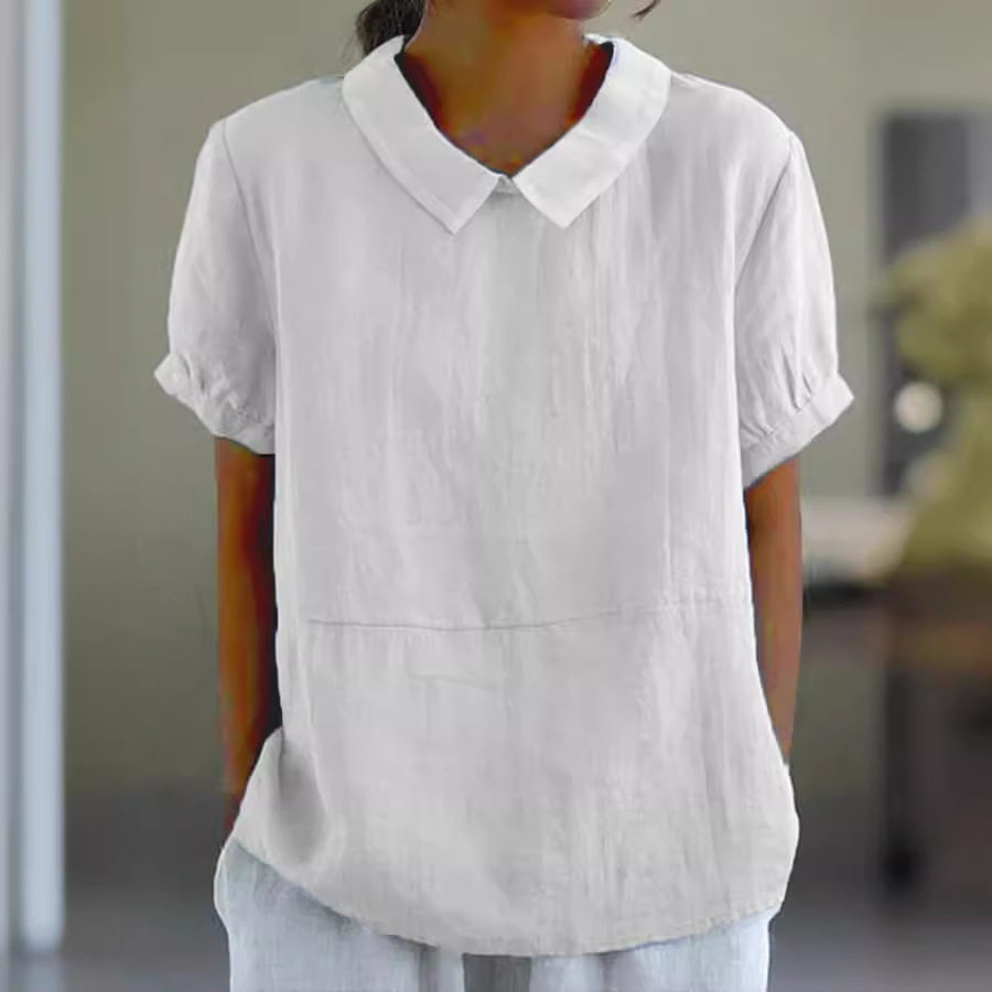 日常百搭白色宽松短袖立领女士轻盈休闲透气上衣 Casual Blouse