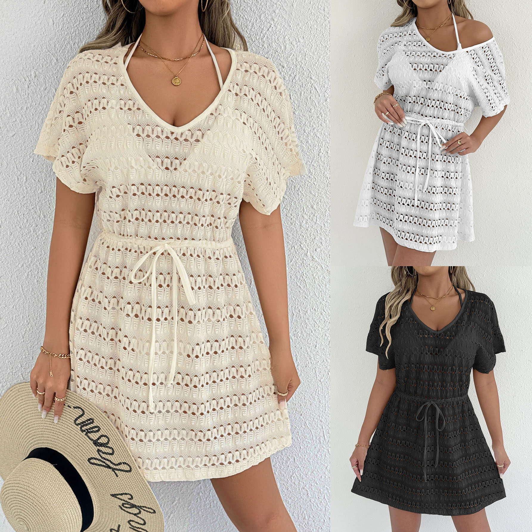 针织镂空泡泡袖系带短款连衣裙open knit belted mini dress lady