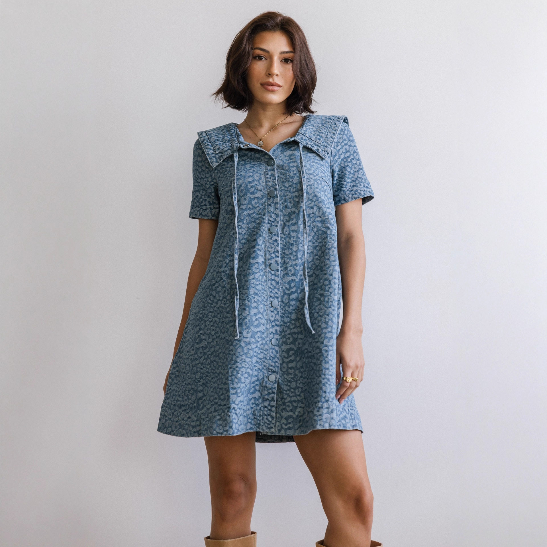 复古做旧风浅蓝豹纹短款连衣裙女百搭直筒 vintage print dress