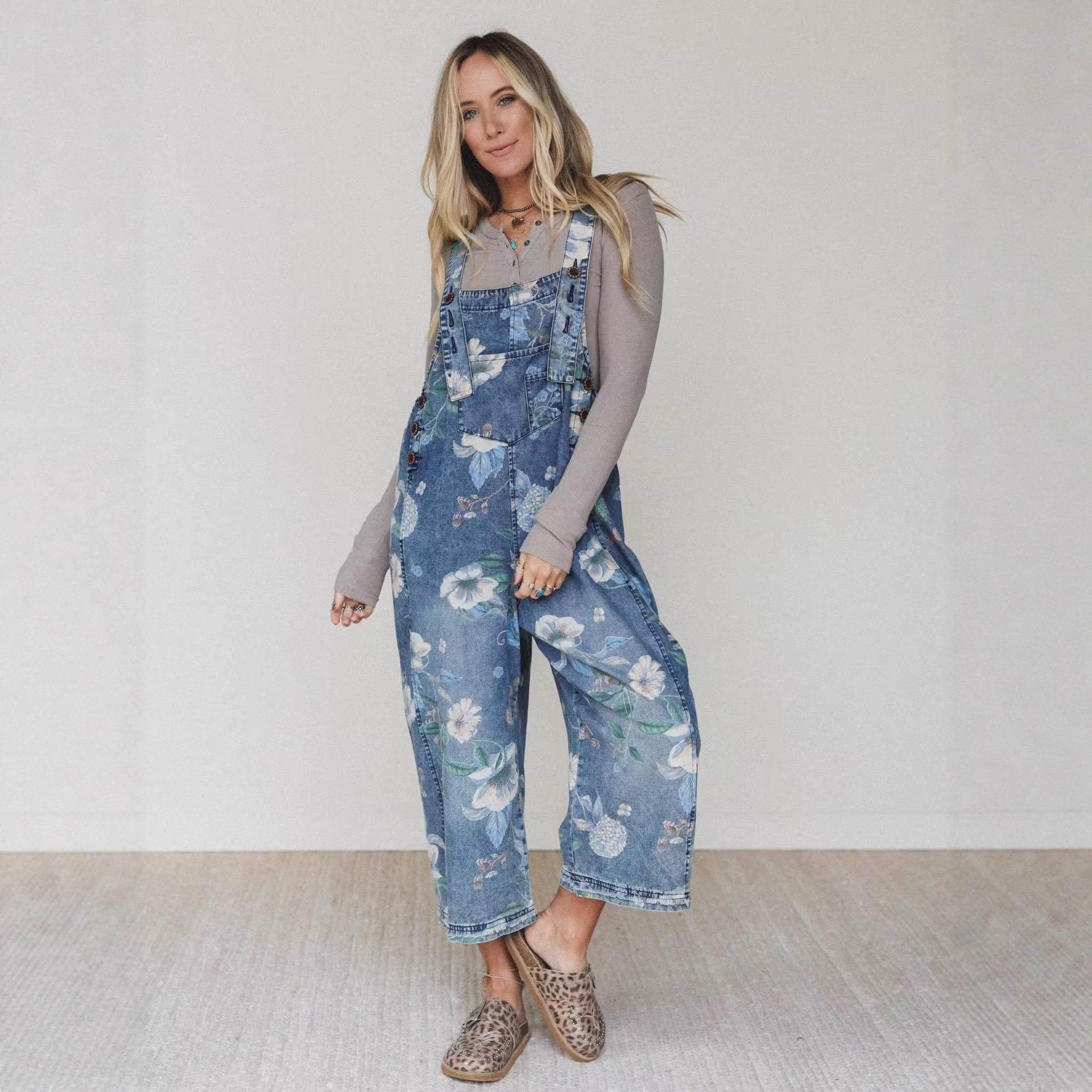 小众设计感浅蓝花卉印花宽松牛仔背带裤女vintage denim overalls