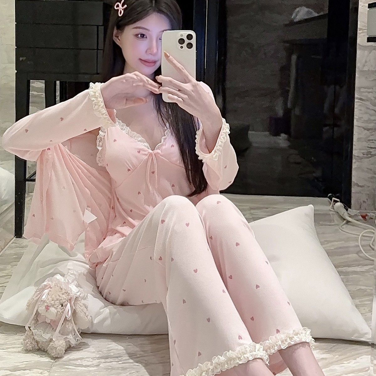 女睡袍花边三件套蕾丝 Women Lace Trim Three Piece Pajama Set