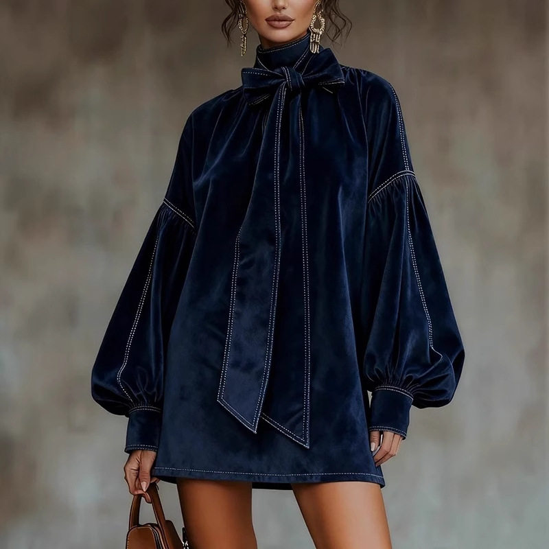 派对晚宴连衣裙女深蓝色高领Dress Women Dark Blue Velvet Long