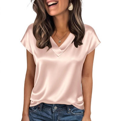 春夏通勤风V领短袖T恤女气质百搭上衣纯色宽松 silk satin blouse