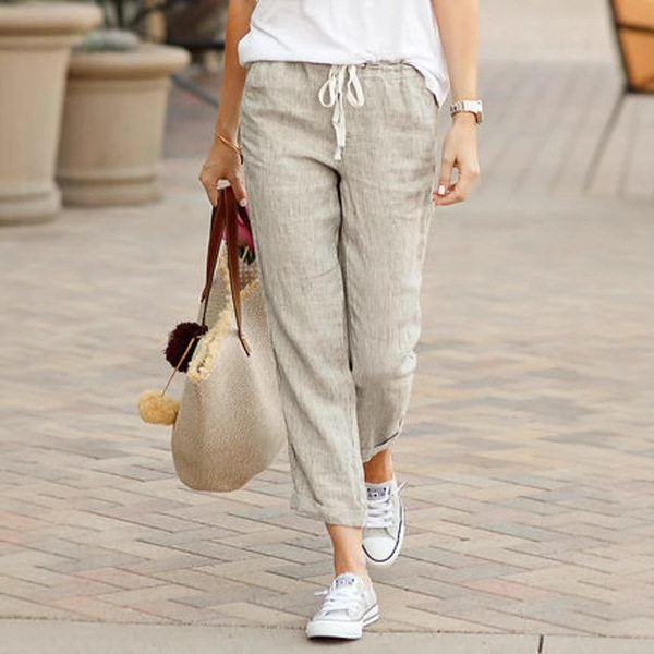 街头休闲女款浅灰色长裤松紧腰带夏季轻盈 Casual Trousers Style