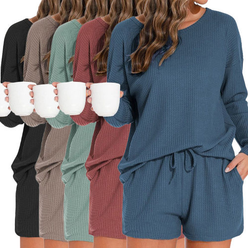 女华夫格针织短裤浴袍 Womens Waffle Knit Shorts Bathrobe Set